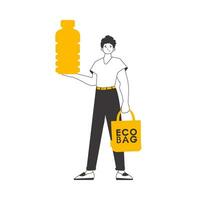 A man holds in his hands an eco bag and a bottle made of biodegradable plastic. The concept of ecological products. Linear modern style. vector