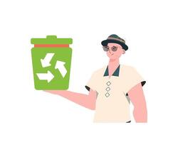 The guy is depicted to the waist and holds a trash can in his hand. The concept of recycling and zero waste. Isolated on white background. Vector illustration Flat trendy style.