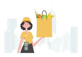 Delivery concept. A woman delivers a package of products. trendy style. Vector. vector
