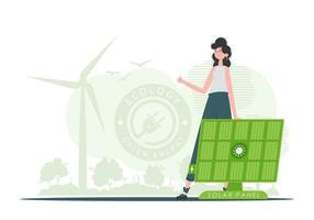 Eco energy concept. The girl is standing near the solar panel. trendy style. Vector illustration.