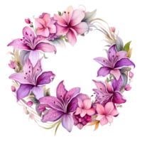 Ai generated wreath of purple lilies and flowers on a transparent background png