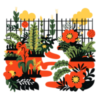 ai généré coloré illustration de une jardin avec fleurs et des arbres png