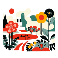 ai generiert bunt Illustration von ein Garten mit Blumen und Bäume png