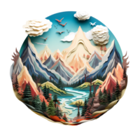 Ai generated paper art of a mountain landscape with trees and a river png