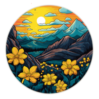 Ai generated circle with flowers and mountains in the background png