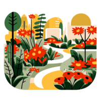ai gerado colorida ilustração do uma jardim com flores e árvores png