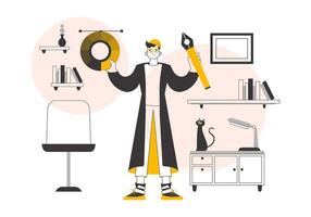 The designer guy holds a color wheel in his hands. Linear trendy style. . vector