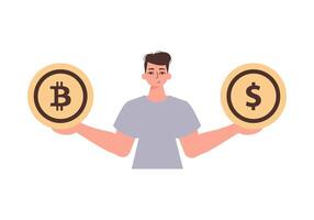 The guy holds a bitcoin and a dollar in his hands. Character in modern trendy style. vector