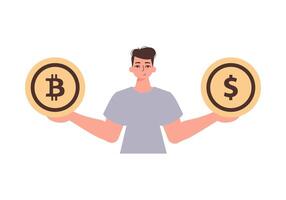 The guy holds a bitcoin and a dollar in his hands. Character in modern trendy style. vector