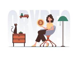 el concepto de minería y extracción de bitcoin un mujer se sienta en un silla y sostiene un bitcoin moneda en su manos. personaje en moderno de moda estilo. vector