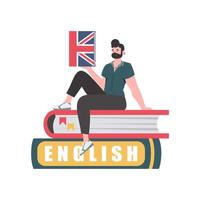 A man sits on books and holds an English dictionary in his hands. The concept of teaching English. Isolated. trendy style. . vector