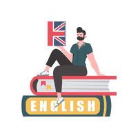 un hombre se sienta en libros y sostiene un Inglés diccionario en su manos. el concepto de enseñando inglés. aislado. de moda estilo. vector. vector