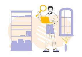 A man holds a magnifying glass and a laptop in his hands. Job Search Theme. H.R. Linear modern style. vector