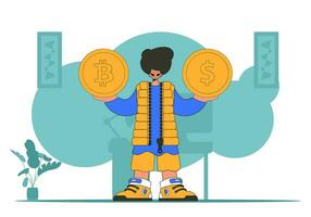 A man holds a dollar and a bitcoin in his hands. Cryptocurrency and fiat exchange concept. vector