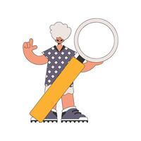 The man is holding a magnifying glass. Search for information. Linear retro style character. vector