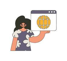 A bright and stylish illustration of a girl using a web browser. Material for educational content. vector