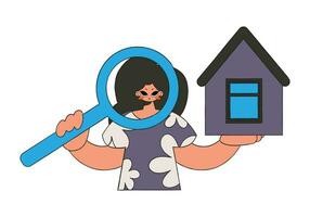 Real estate realtor woman holding house and magnifying glass. Investment in real estate. vector