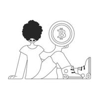 Charming man holding a bitcoin coin. Linear black and white style. vector