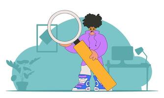 Concept Finding the necessary information on the Internet. The man is holding a magnifying glass. Retro style character. vector