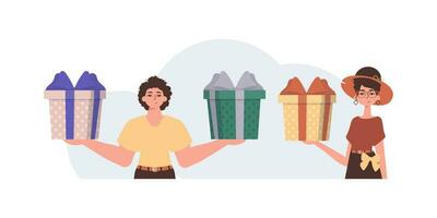 The guy and the girl are holding a festive gift box. The concept of holiday greetings for Valentine's Day. vector