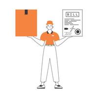 A man holds a parcel and a check in his hands. Parcel delivery concept. Linear trendy style. Isolated on white background. illustration. vector