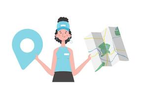 The girl is holding a map. The trendy character is depicted to the waist. Isolated on white background. Vector illustration.