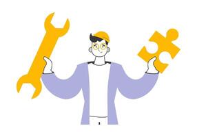 A man is holding a wrench and a puzzle. Teamwork theme. Linear trendy style. Isolated. Vector. vector