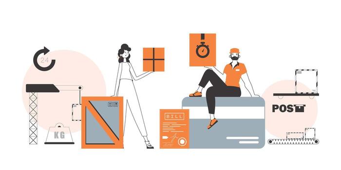 Team for the delivery of parcels and cargo. Linear modern style. vector