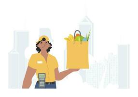 Home delivery concept. A man is holding a grocery bag. trendy style. Vector. vector