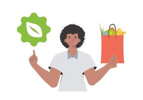 The man is depicted waist-deep and holds a package with healthy food in his hands and shows an icon. Isolated on white background. Trend illustration. vector