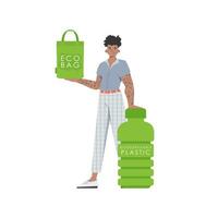 un hombre sostiene un eco bolso en su manos. el concepto de ecología y cuidado para el ambiente. aislado en blanco antecedentes. tendencia estilo.vector ilustración. vector