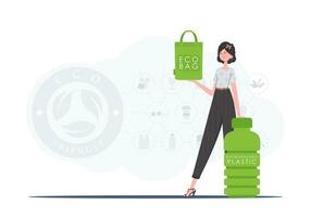 Concept of green world and ecology. A woman holds an ECO BAG in her hands. Fashion trend illustration in Vector. vector