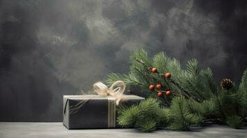 el espíritu de Navidad mediante abeto ramas y regalos, ai generado foto