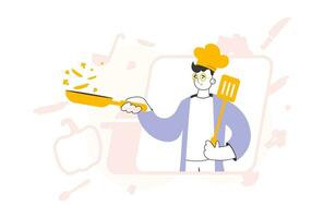 The guy cook is holding a frying pan. Trendy style line art. Vector illustration.