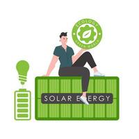 The guy sits on the solar panel and holds the ECO logo in his hands. The concept of ecology and green energy. Isolated on white background. Fashionable, trendy style. Vector. vector