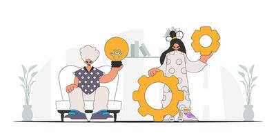 Attractive team solves problems and generates ideas. Light bulb and gears in their hands. Idea theme. Retro trendy style. vector