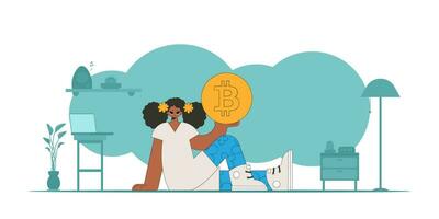 The girl is holding a bitcoin. Cryptocurrency theme. vector