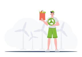 The guy is depicted in full growth holding an EKO icon and a package with proper nutrition. The concept of ecology, zero waste and healthy eating. Trend style, vector illustration.