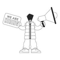 A trained HR specialist man holds a megaphone in his hands. HR topic. Linear black and white style. vector