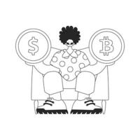 An attractive man holds a bitcoin and dollar coin in his hands. Linear black and white style. vector