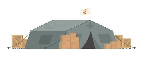 Large dark green tent with boxes. Camp element for humanitarian aid. isolated. vector illustration.