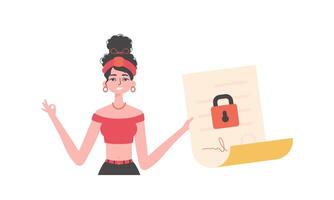 The girl is holding a document. Data protection. Smart contract. Modern style character. vector