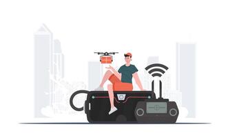 A man controls a drone with a package. The concept of cargo delivery by air. illustration. vector