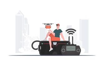 A man controls a drone with a package. The concept of cargo delivery by air. Vector illustration.