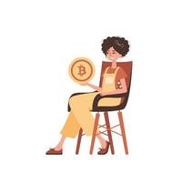 un mujer se sienta en un silla y sostiene un bitcoin en su manos. personaje en de moda estilo. vector