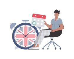 A man, a calendar with a marked date and a clock. The concept of learning English. Isolated. Flat modern style. illustration. vector