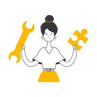 The girl is holding a wrench and a puzzle. Teamwork theme. Linear style. Isolated. Vector. vector