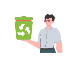 The guy is depicted to the waist and holds a trash can in his hand. The concept of ecology and recycling. Isolated. Trendy character style. Vetcor. vector