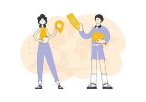 Travel agency. The guy and the girl sell vouchers. Trendy linear style. Vector. vector