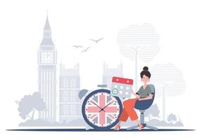The concept of learning English. Woman holding a calendar with a marked date and a clock. Flat modern style. illustration. vector